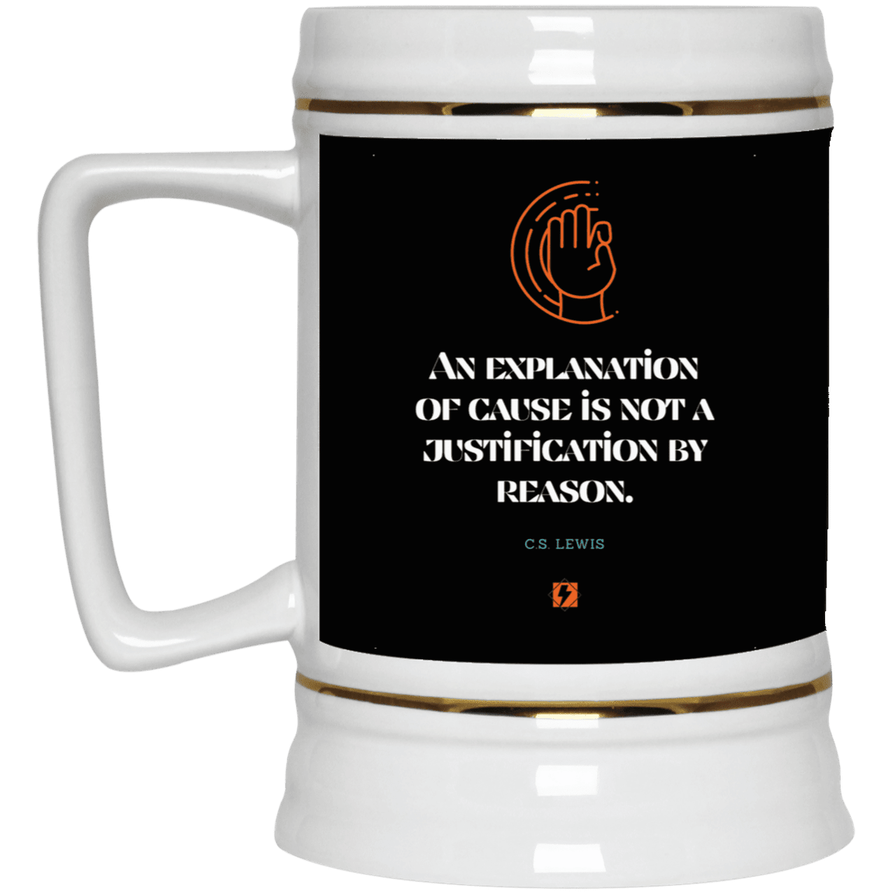 Ceramic Beer Stein Mug with inspiring CS Lewis quote: CS102 - Explanations Vs Justifications - Color: Black