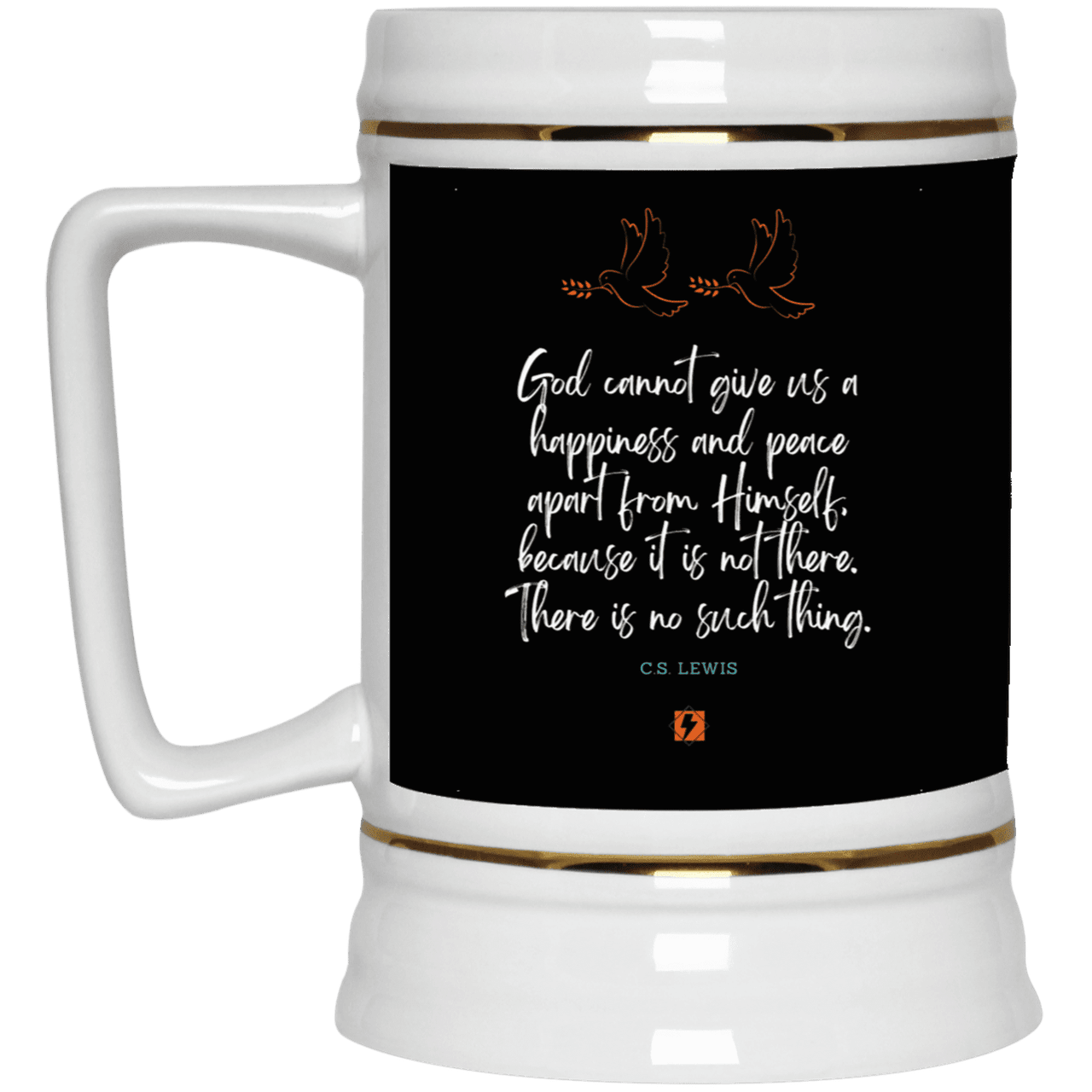 Ceramic Beer Stein Mug with inspiring CS Lewis quote: CS106 - No peace apart from God - Color: Black