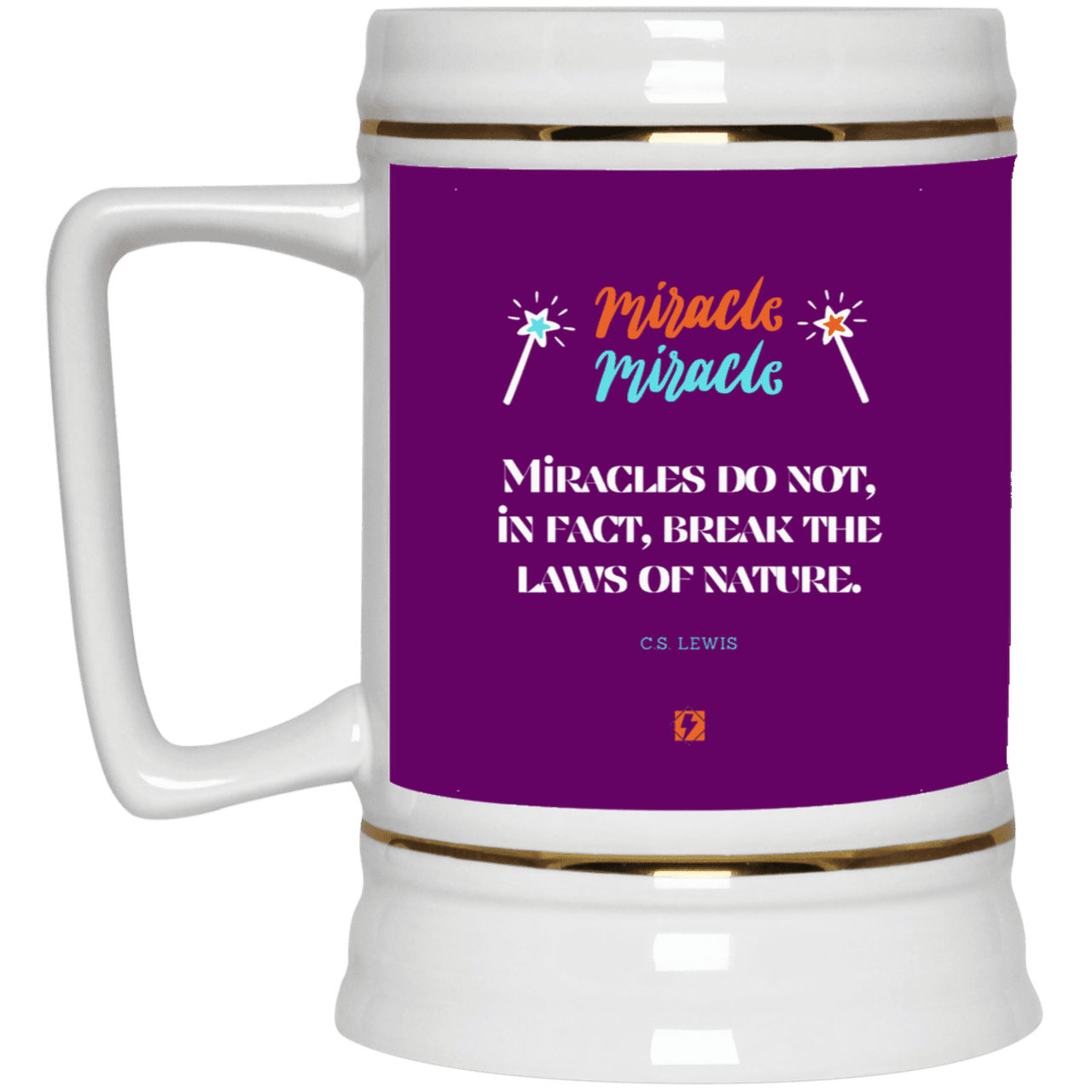 Ceramic Beer Stein Mug with inspiring CS Lewis quote: CS110 - Miracles do not break natural laws - Color: Purple