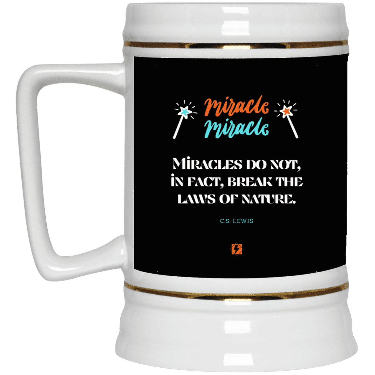 Ceramic Beer Stein Mug with inspiring CS Lewis quote: CS110 - Miracles do not break natural laws - Color: Black