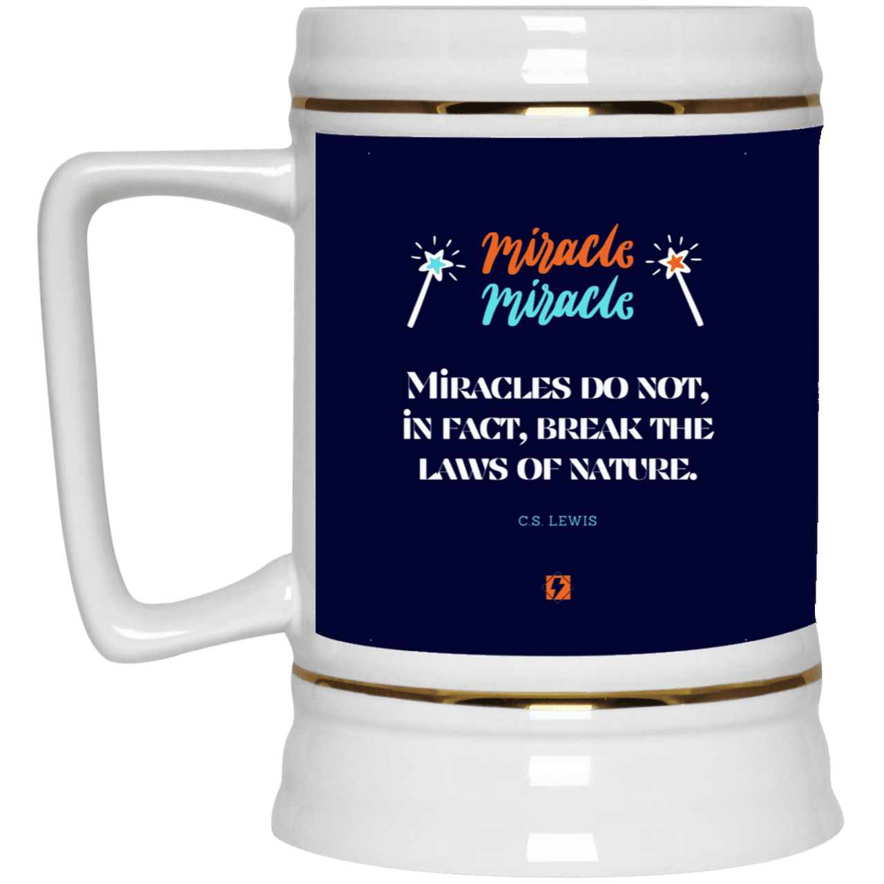 Ceramic Beer Stein Mug with inspiring CS Lewis quote: CS110 - Miracles do not break natural laws - Color: Navy