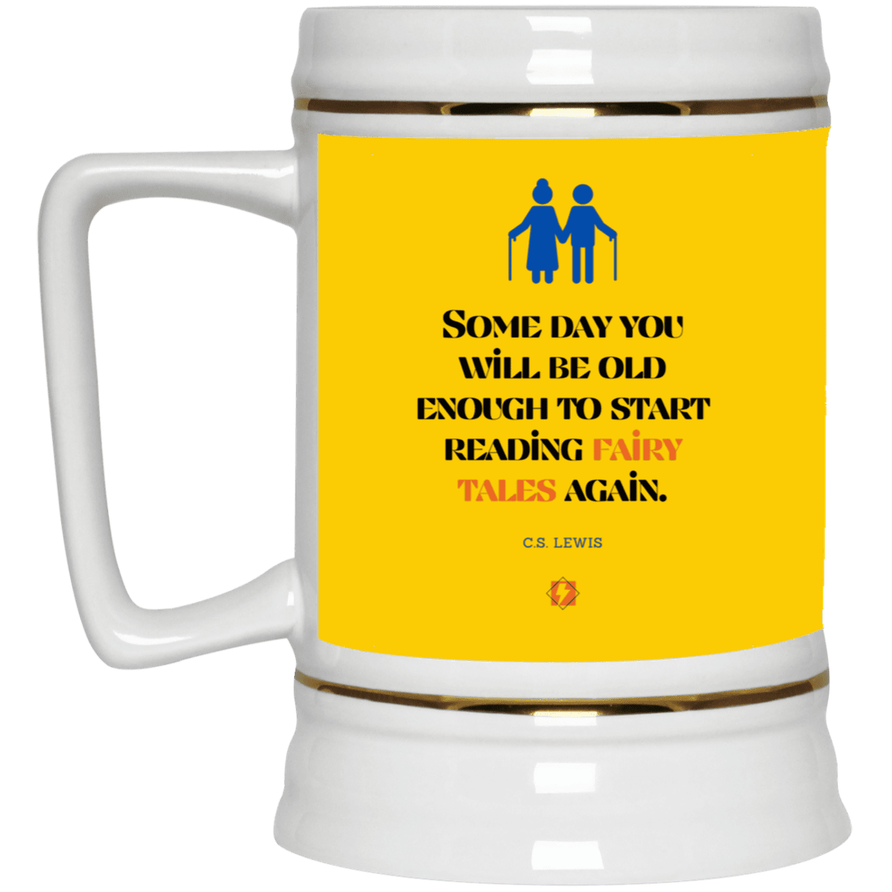 Ceramic Beer Stein Mug with inspiring CS Lewis quote: CS114 - Fairy tales for the old - Color: Athletic Gold