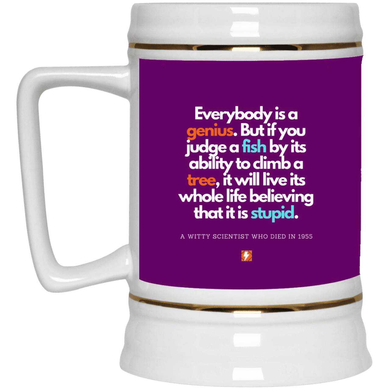 Ceramic Beer Stein Mug with inspiring Einstein quote: E103 - Everybody is a genius - Color: Purple