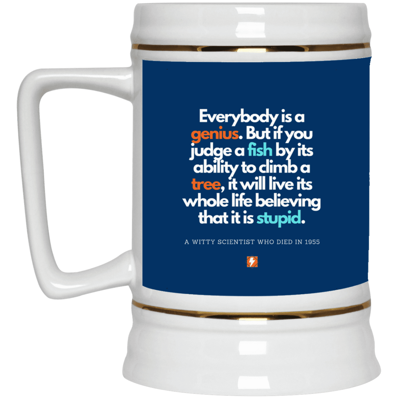 Ceramic Beer Stein Mug with inspiring Einstein quote: E103 - Everybody is a genius - Color: Royal