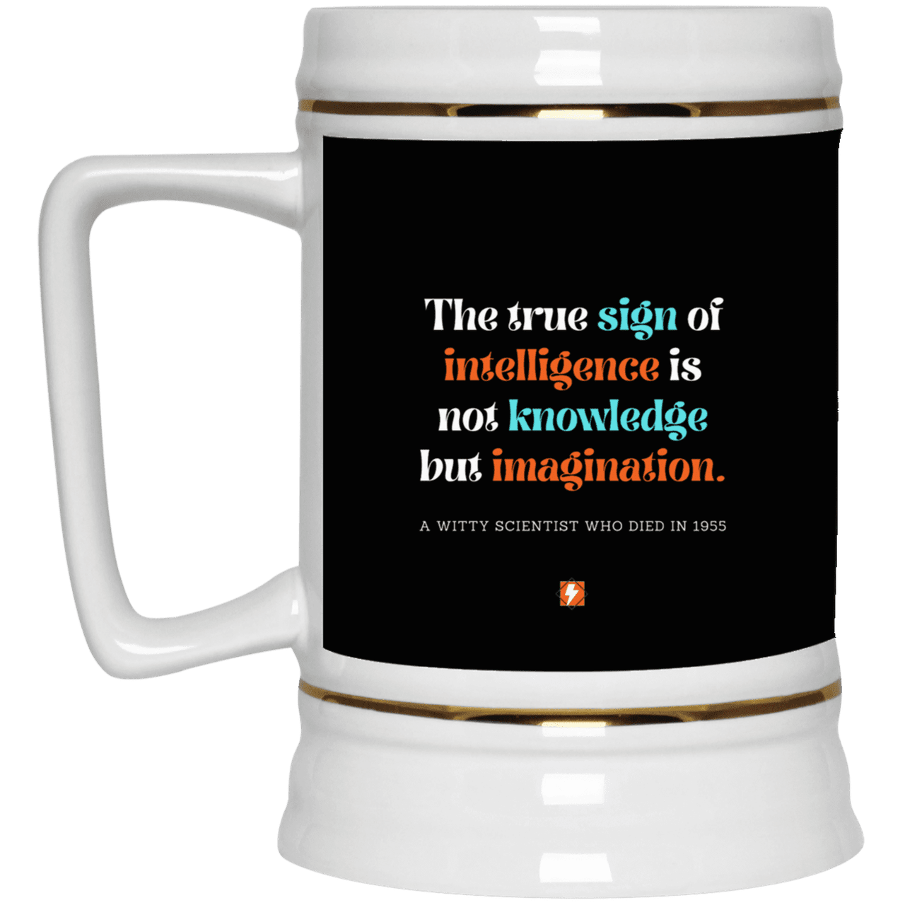 Ceramic Beer Stein Mug with inspiring Einstein quote: E106 - True sign of intelligence is imagination - Color: Black