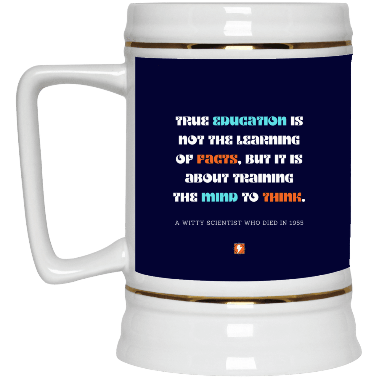 Ceramic Beer Stein Mug with inspiring Einstein quote: E107 - True education is about learning to think - Color: Navy