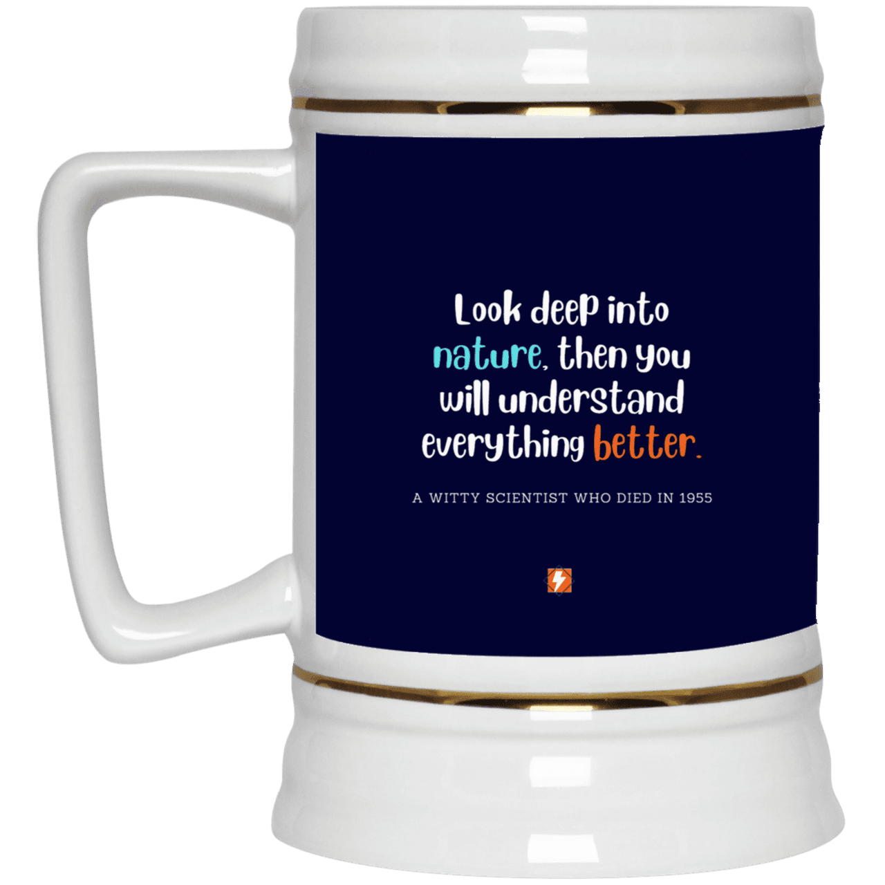 Ceramic Beer Stein Mug with inspiring Einstein quote: E108 - Look to nature to understand everything - Color: Navy