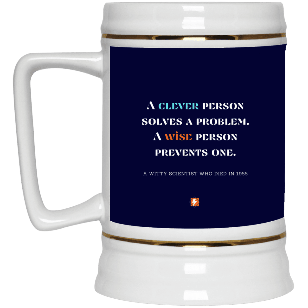 Ceramic Beer Stein Mug with inspiring Einstein quote: E110 - Be clever, but better to be wise - Color: Navy