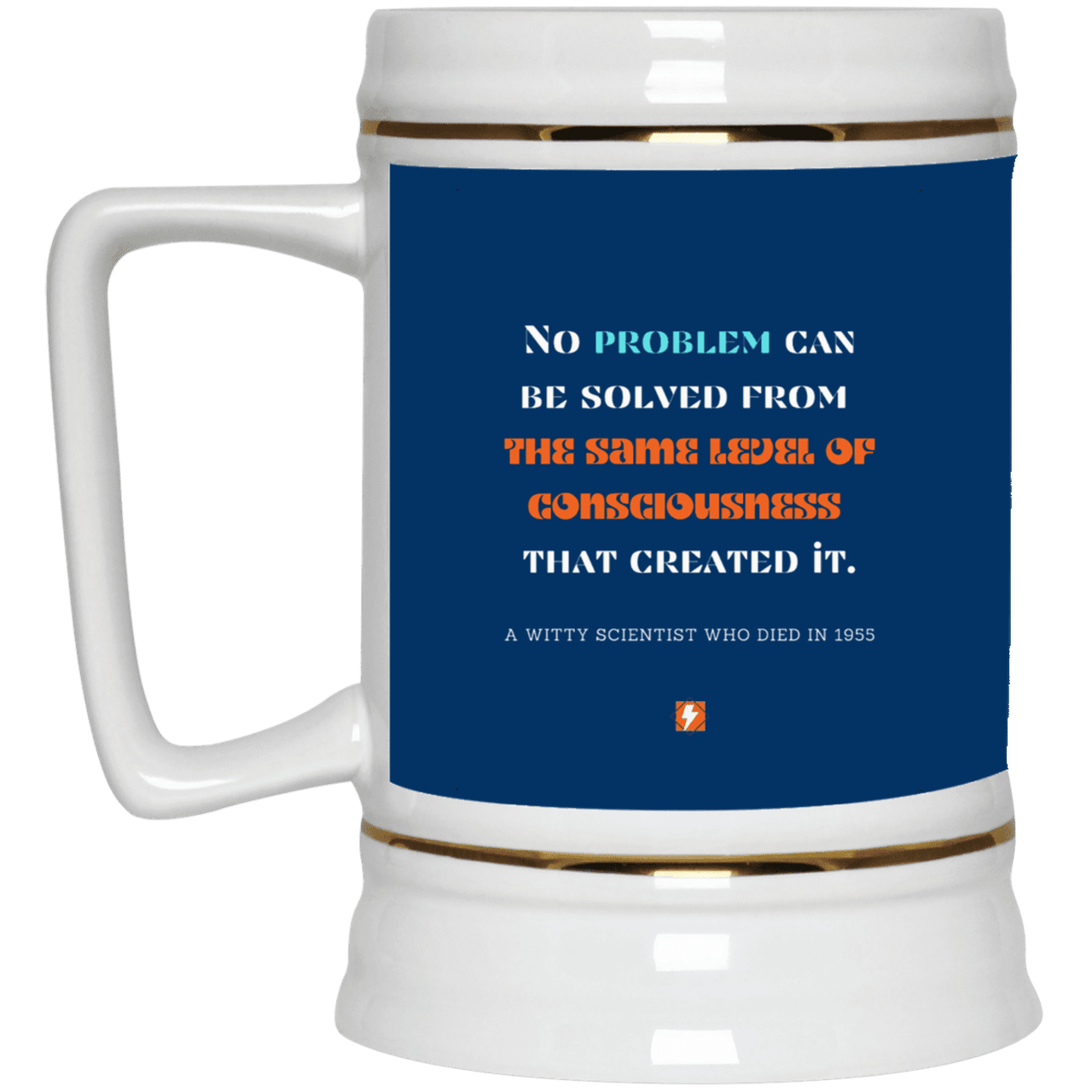 Ceramic Beer Stein Mug with inspiring Einstein quote: E111 - Problem solving needs fresh thinking - Color: Royal