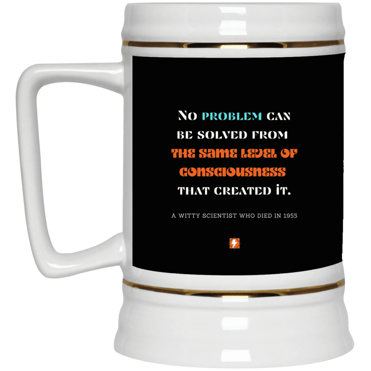 Ceramic Beer Stein Mug with inspiring Einstein quote: E111 - Problem solving needs fresh thinking - Color: Black