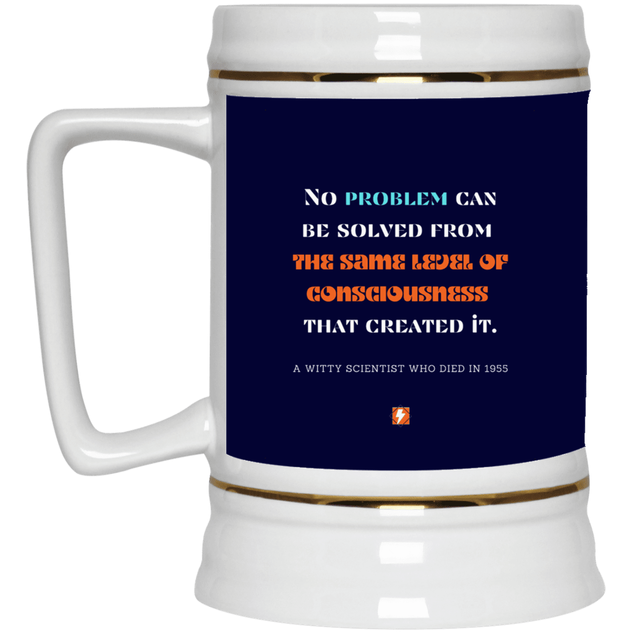 Ceramic Beer Stein Mug with inspiring Einstein quote: E111 - Problem solving needs fresh thinking - Color: Navy