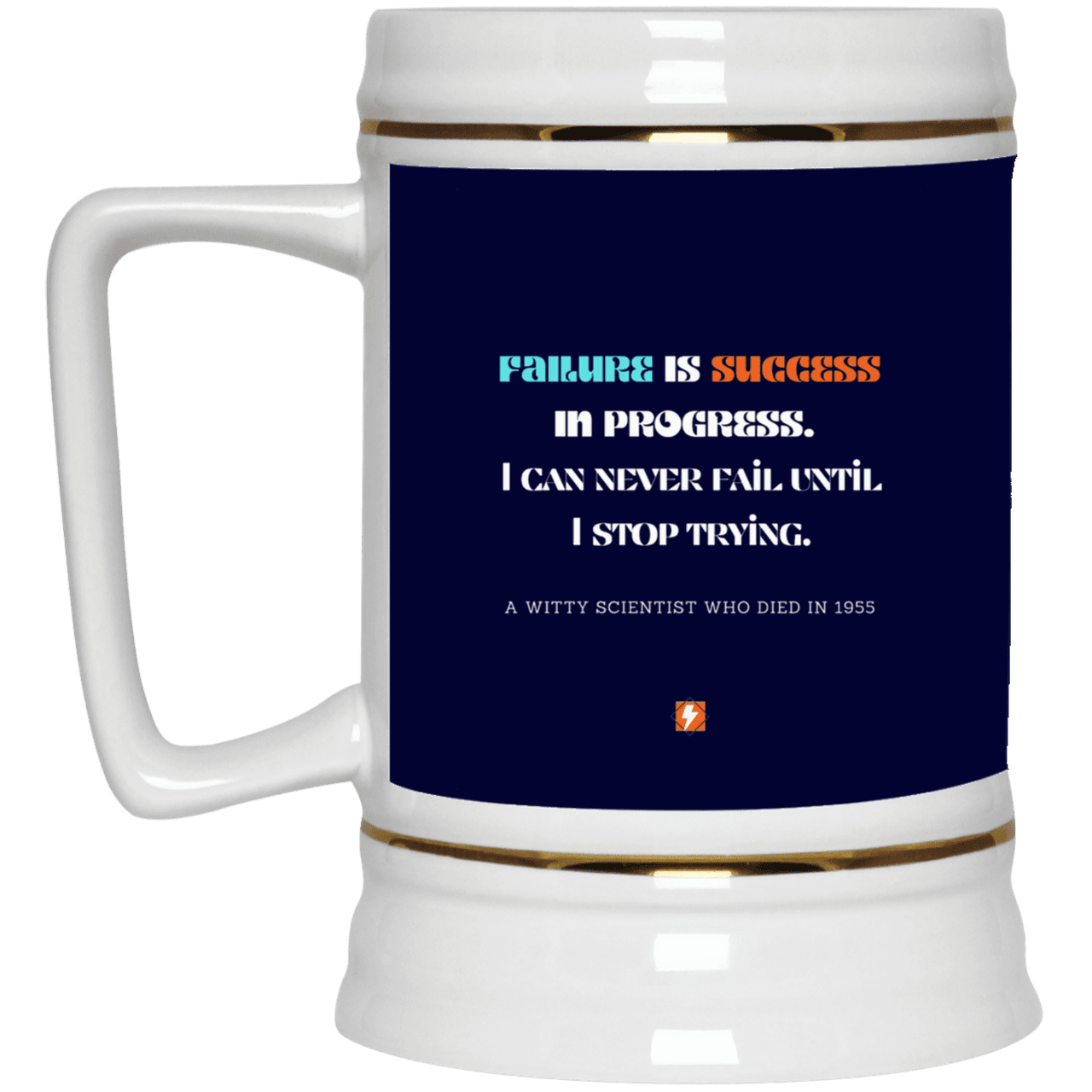 Ceramic Beer Stein Mug with inspiring Einstein quote: E112 - Failure is success in progress - Color: Navy