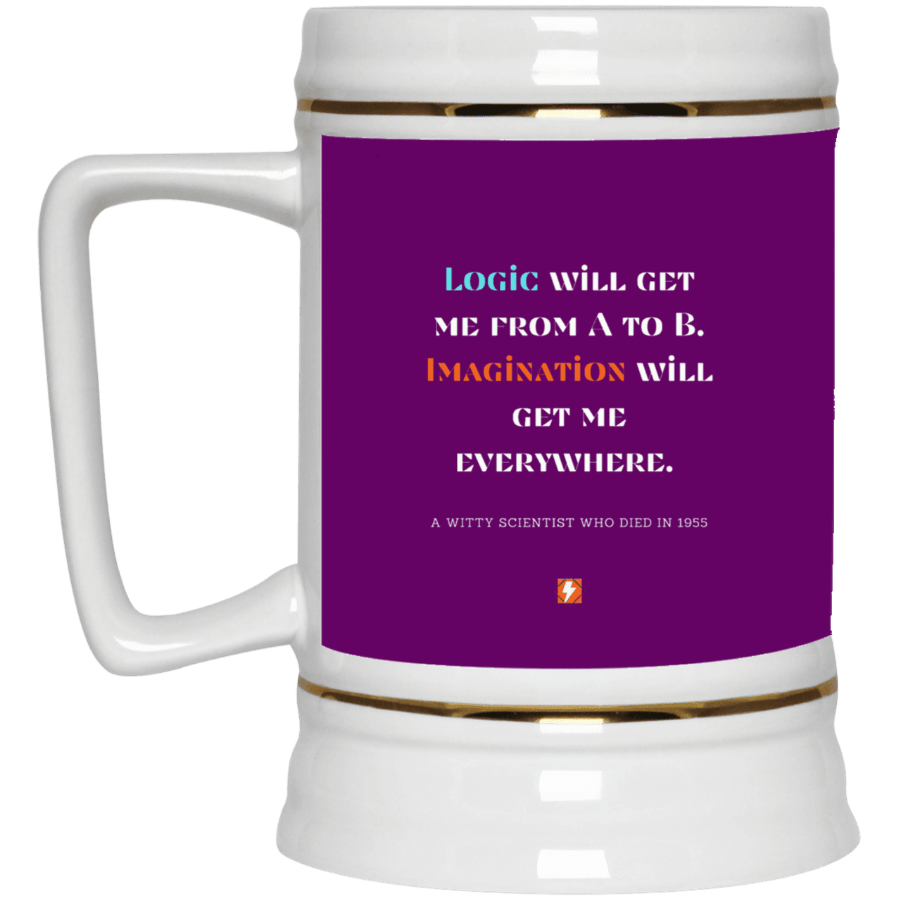 Ceramic Beer Stein Mug with inspiring Einstein quote: E113 - Imagination will get you where logic can't - Color: Purple