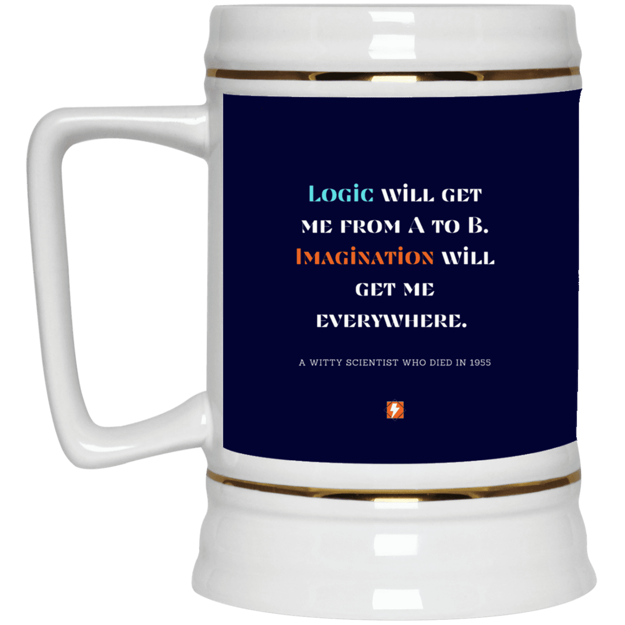 Ceramic Beer Stein Mug with inspiring Einstein quote: E113 - Imagination will get you where logic can't - Color: Navy