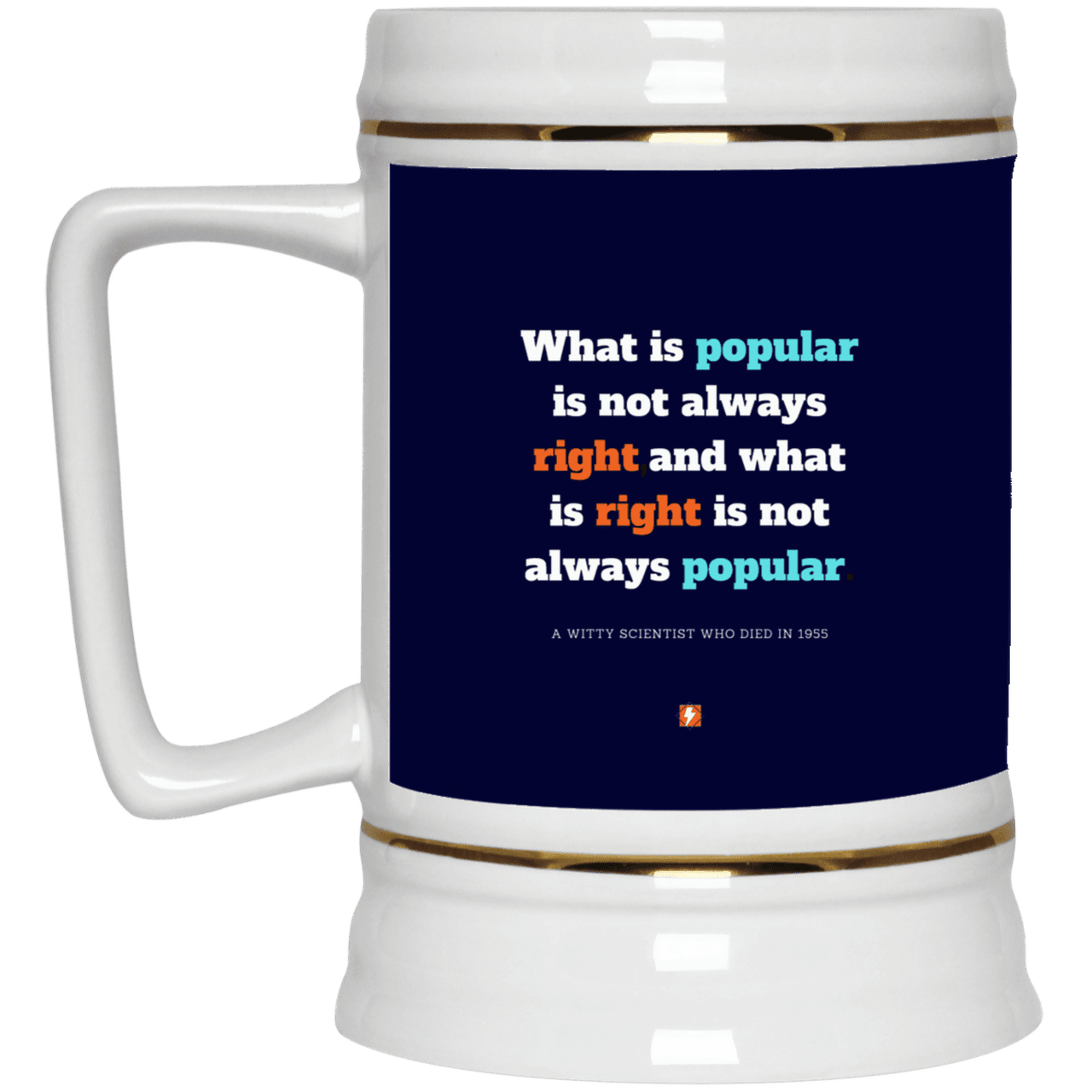 Ceramic Beer Stein Mug with inspiring Einstein quote: E114 - Popular and right are two different things - Color: Navy