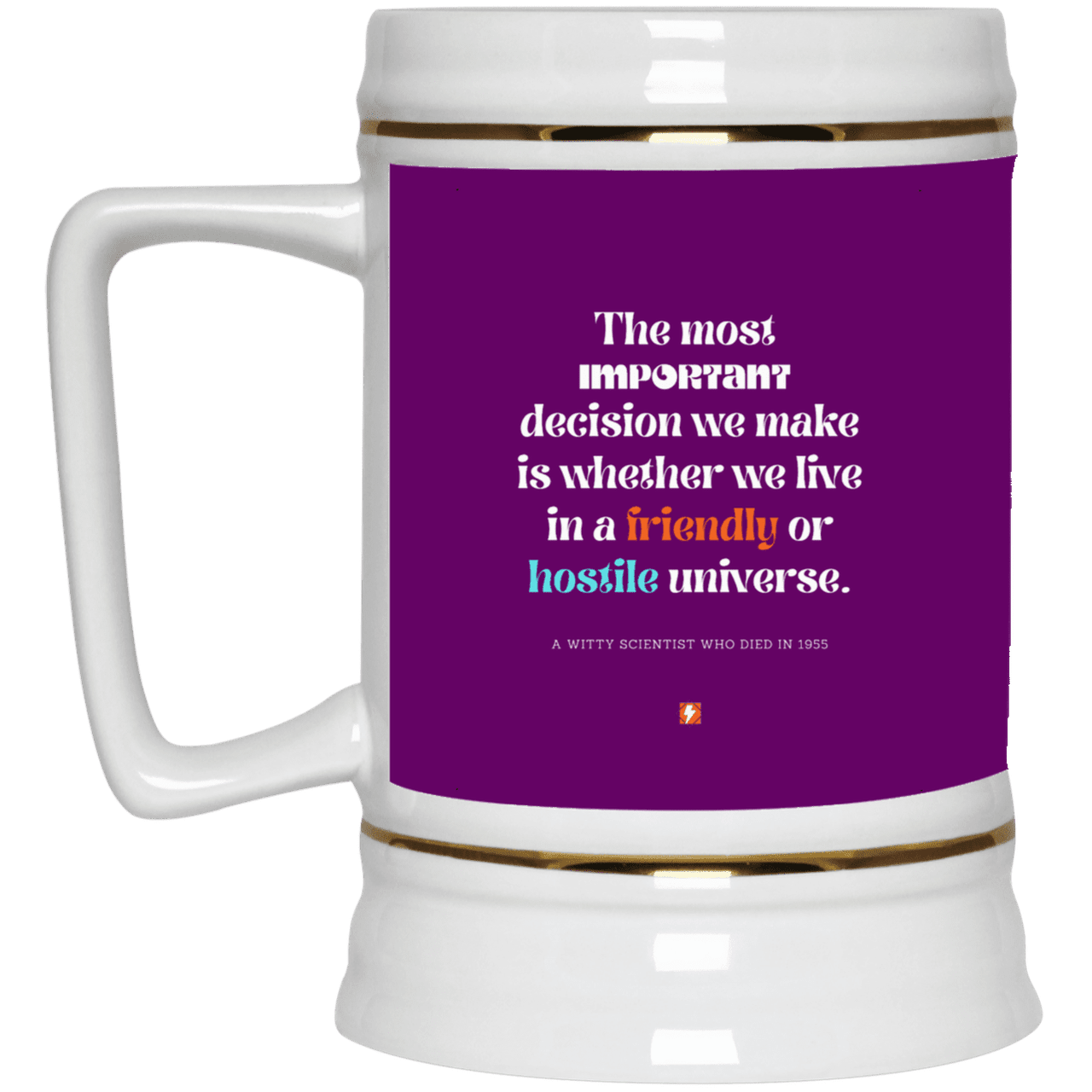 Ceramic Beer Stein Mug with inspiring Einstein quote: E115 - Understanding the nature of the universe is key - Color: Purple