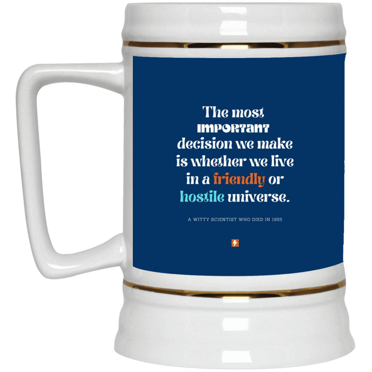 Ceramic Beer Stein Mug with inspiring Einstein quote: E115 - Understanding the nature of the universe is key - Color: Royal