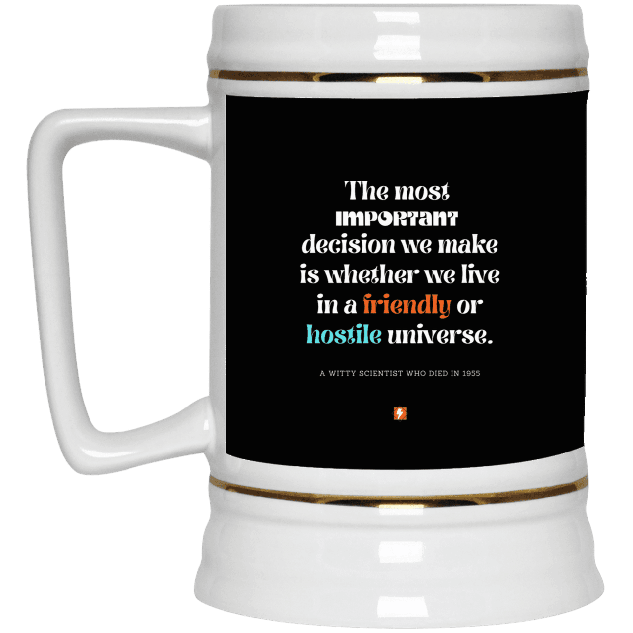 Ceramic Beer Stein Mug with inspiring Einstein quote: E115 - Understanding the nature of the universe is key - Color: Black