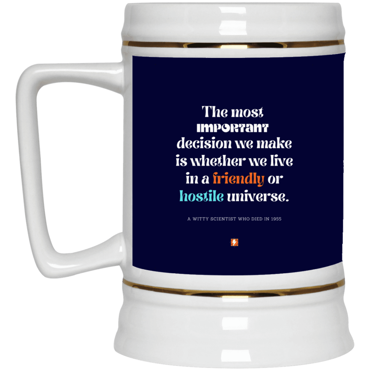 Ceramic Beer Stein Mug with inspiring Einstein quote: E115 - Understanding the nature of the universe is key - Color: Navy