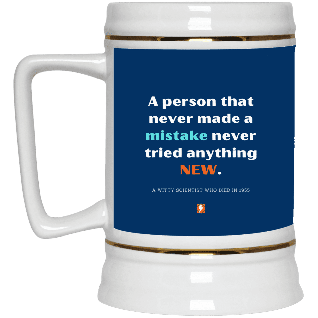 Ceramic Beer Stein Mug with inspiring Einstein quote: E118 - Try new things and learn from mistakes - Color: Royal