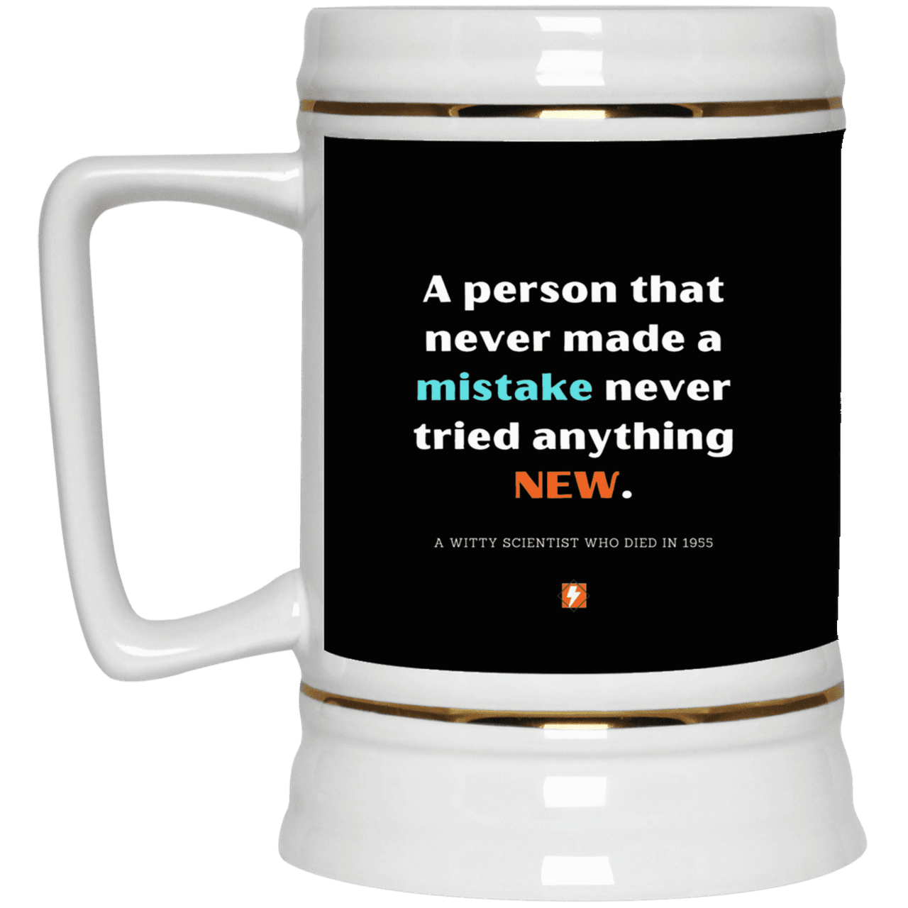 Ceramic Beer Stein Mug with inspiring Einstein quote: E118 - Try new things and learn from mistakes - Color: Black