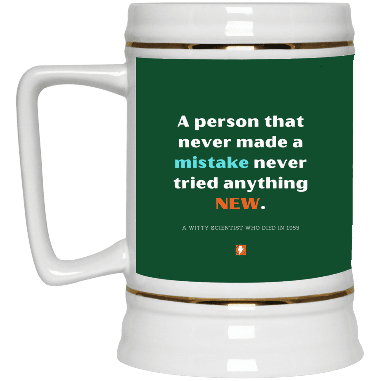 Ceramic Beer Stein Mug with inspiring Einstein quote: E118 - Try new things and learn from mistakes - Color: Forest