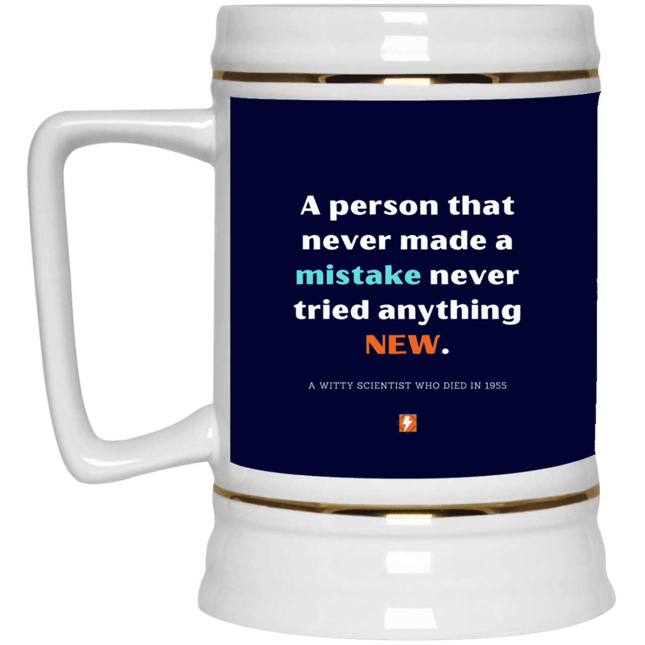 Ceramic Beer Stein Mug with inspiring Einstein quote: E118 - Try new things and learn from mistakes - Color: Navy