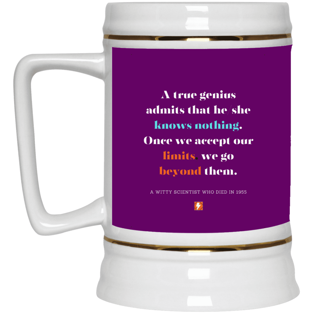 Ceramic Beer Stein Mug with inspiring Einstein quote: E119 - A genius is conscious of one's limits - Color: Purple