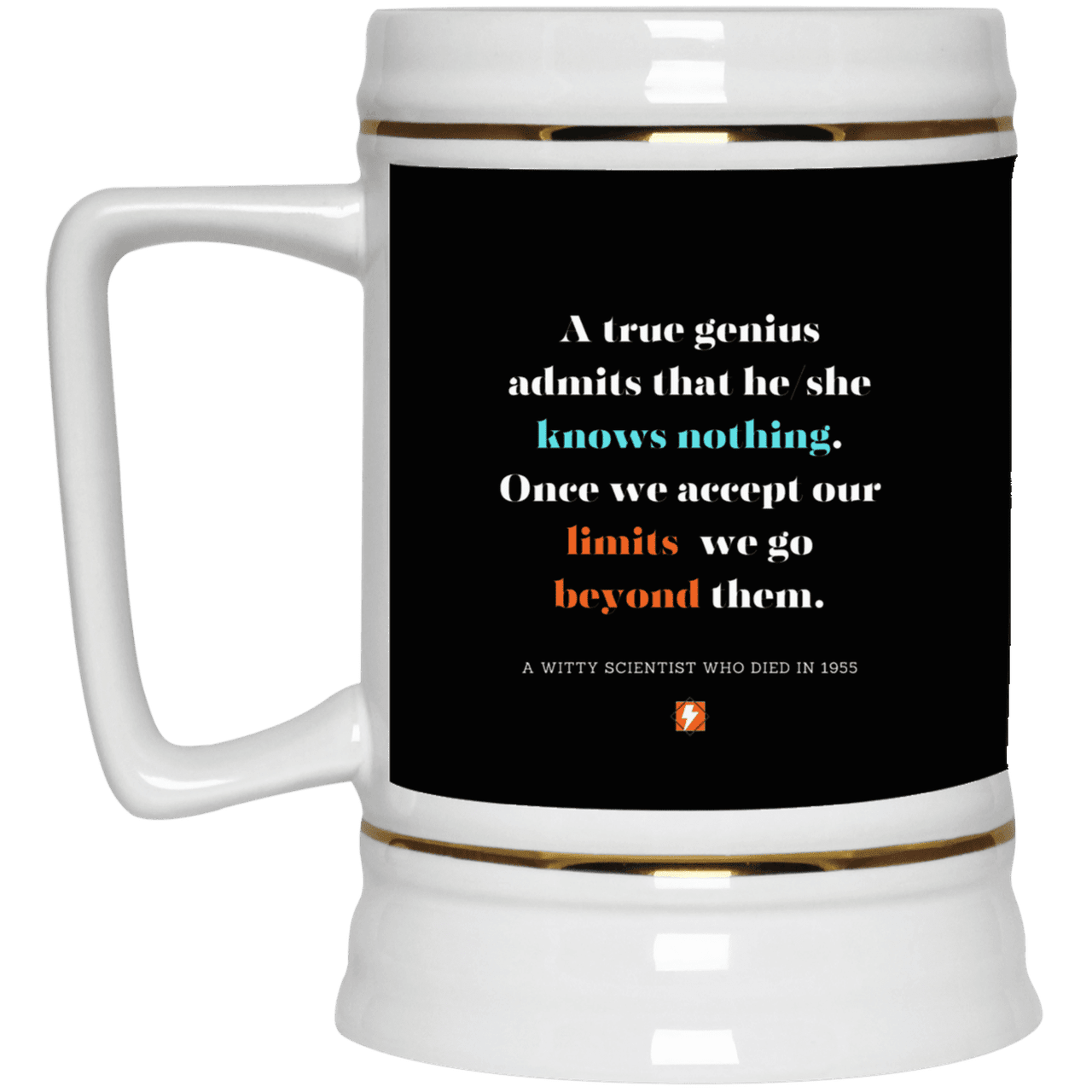 Ceramic Beer Stein Mug with inspiring Einstein quote: E119 - A genius is conscious of one's limits - Color: Black