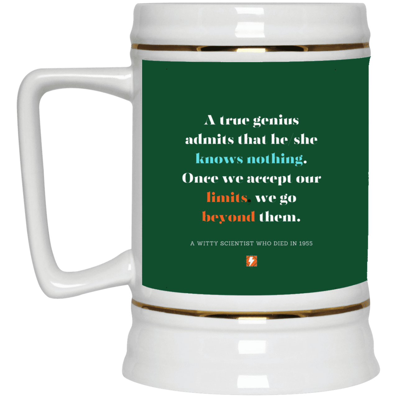 Ceramic Beer Stein Mug with inspiring Einstein quote: E119 - A genius is conscious of one's limits - Color: Forest