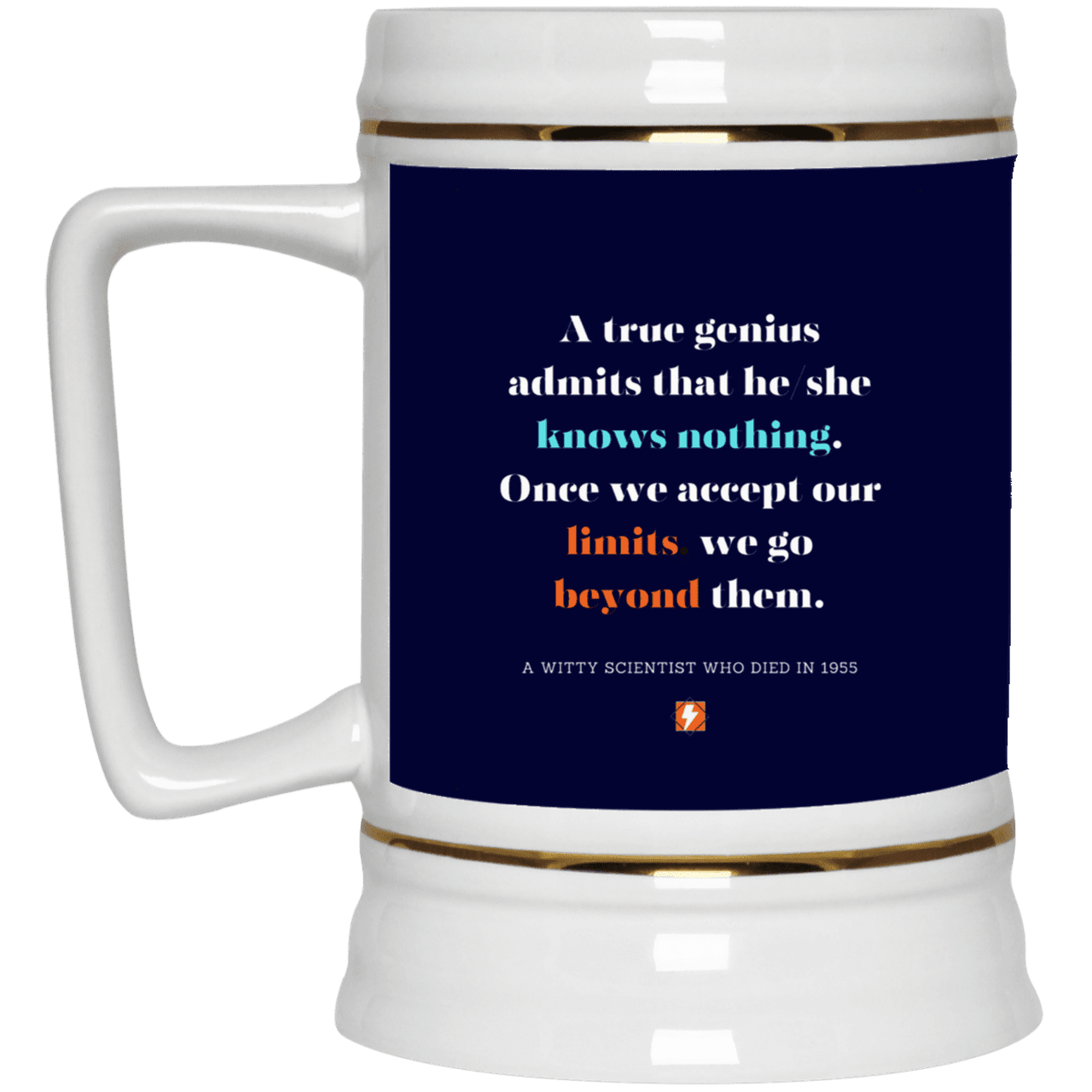 Ceramic Beer Stein Mug with inspiring Einstein quote: E119 - A genius is conscious of one's limits - Color: Navy