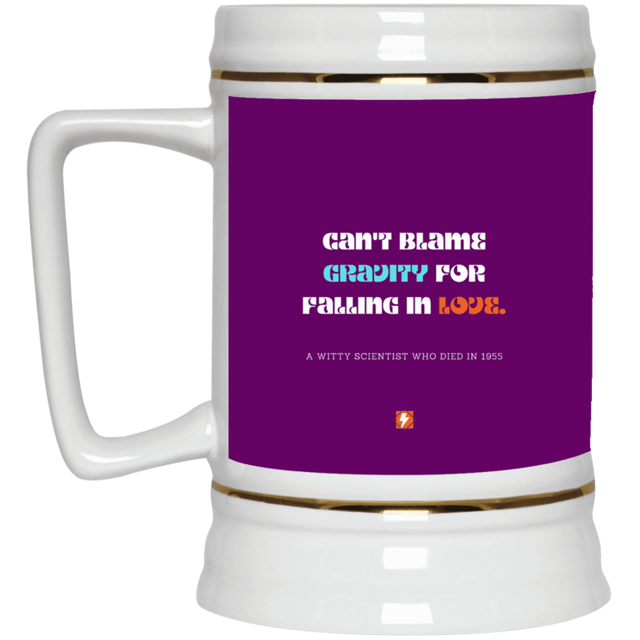 Ceramic Beer Stein Mug with inspiring Einstein quote: E123 - Can't blame gravity for falling in love - Color: Purple