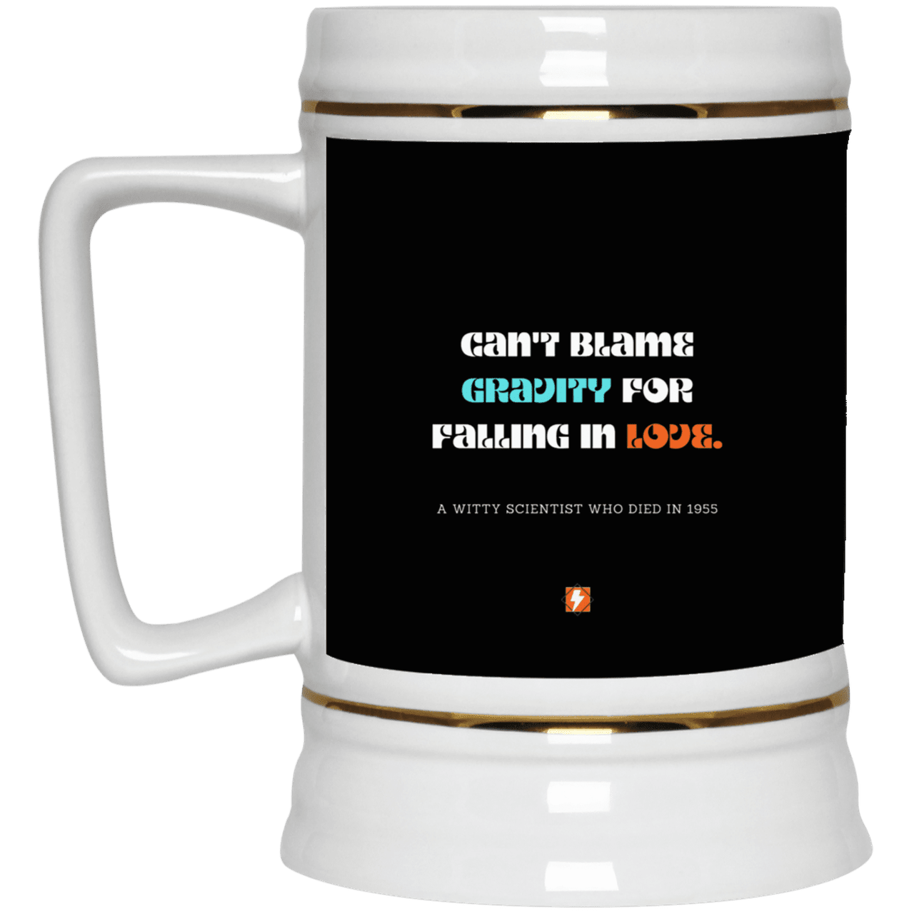 Ceramic Beer Stein Mug with inspiring Einstein quote: E123 - Can't blame gravity for falling in love - Color: Black