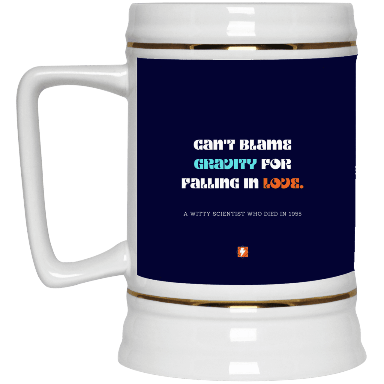 Ceramic Beer Stein Mug with inspiring Einstein quote: E123 - Can't blame gravity for falling in love - Color: Navy