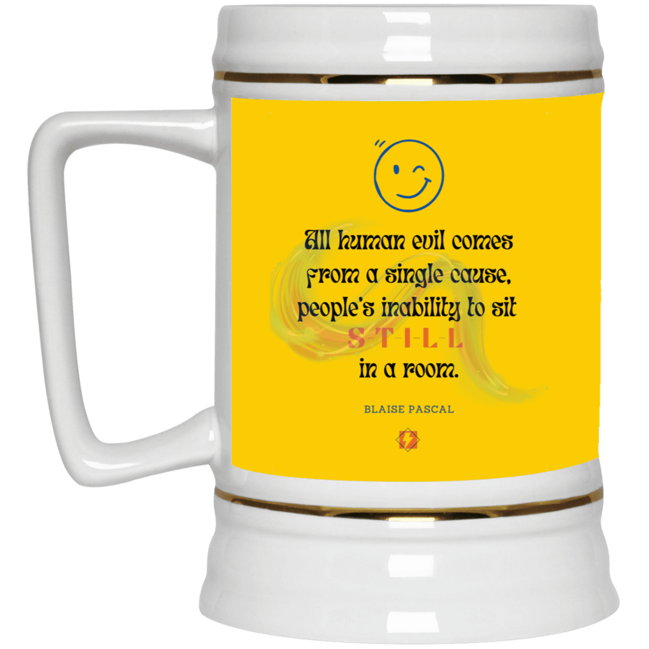 Ceramic Beer Stein Mug with inspiring Pascal quote: BP101 - Importance of keeping still - Color: Athletic Gold