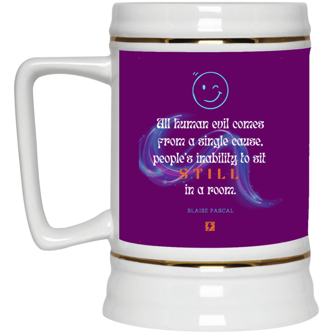 Ceramic Beer Stein Mug with inspiring Pascal quote: BP101 - Importance of keeping still - Color: Purple