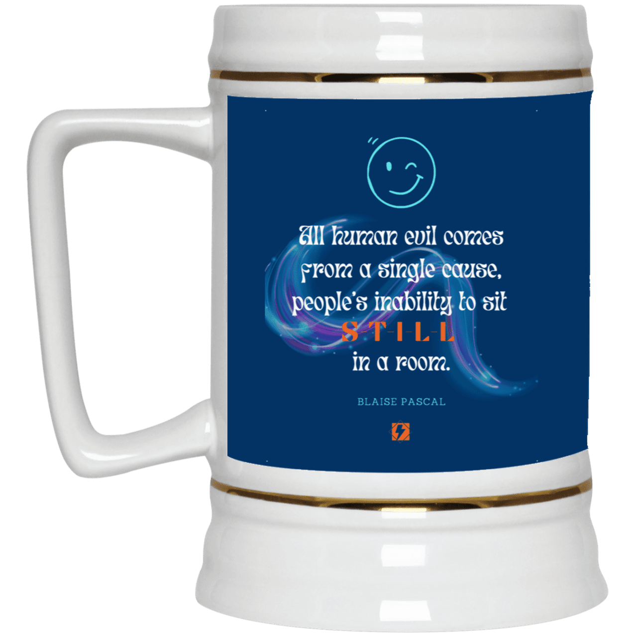 Ceramic Beer Stein Mug with inspiring Pascal quote: BP101 - Importance of keeping still - Color: Royal