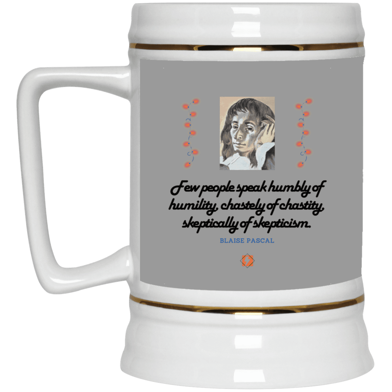 Ceramic Beer Stein Mug with inspiring Pascal quote: BP102 - Self-awareness is a societal lack - Color: Gray