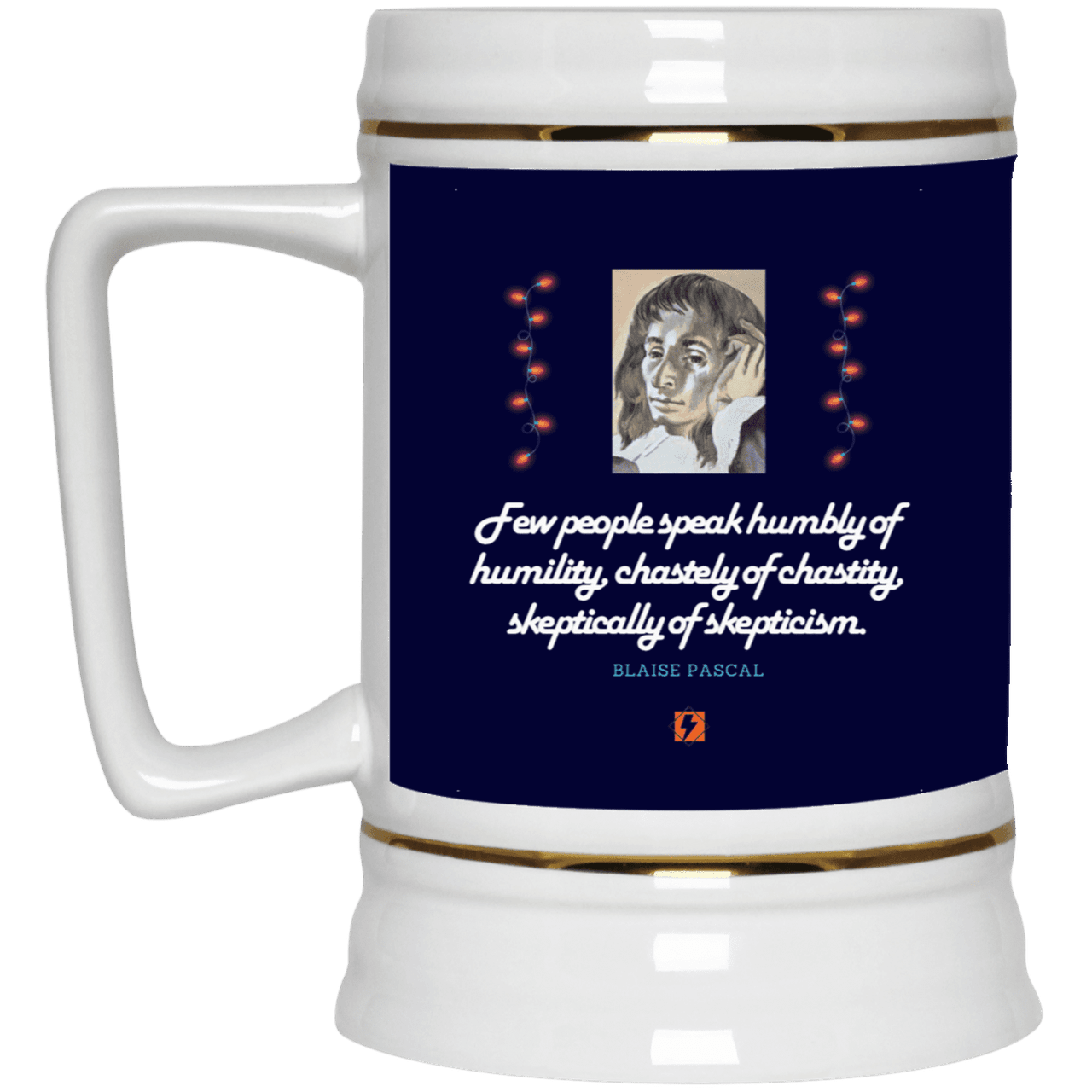 Ceramic Beer Stein Mug with inspiring Pascal quote: BP102 - Self-awareness is a societal lack - Color: Navy