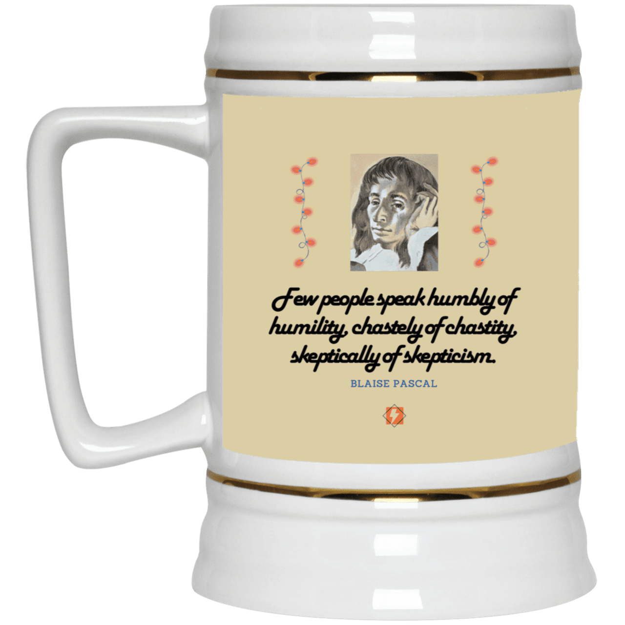 Ceramic Beer Stein Mug with inspiring Pascal quote: BP102 - Self-awareness is a societal lack - Color: Tan