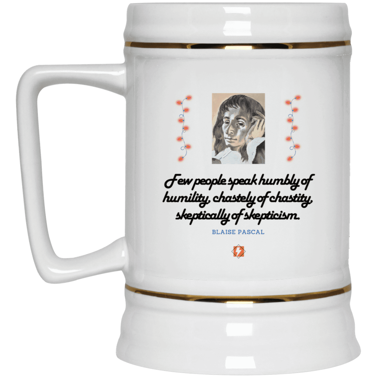 Ceramic Beer Stein Mug with inspiring Pascal quote: BP102 - Self-awareness is a societal lack - Color: Plain White