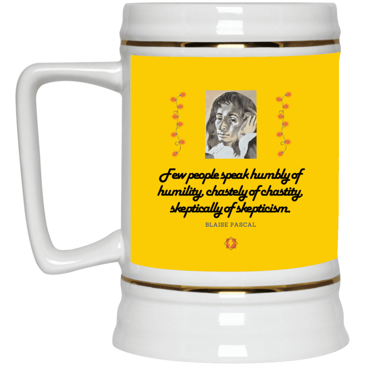 Ceramic Beer Stein Mug with inspiring Pascal quote: BP102 - Self-awareness is a societal lack - Color: Athletic Gold