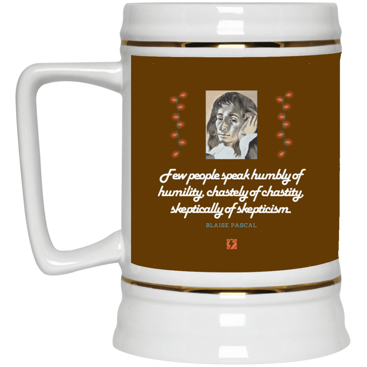 Ceramic Beer Stein Mug with inspiring Pascal quote: BP102 - Self-awareness is a societal lack - Color: Brown