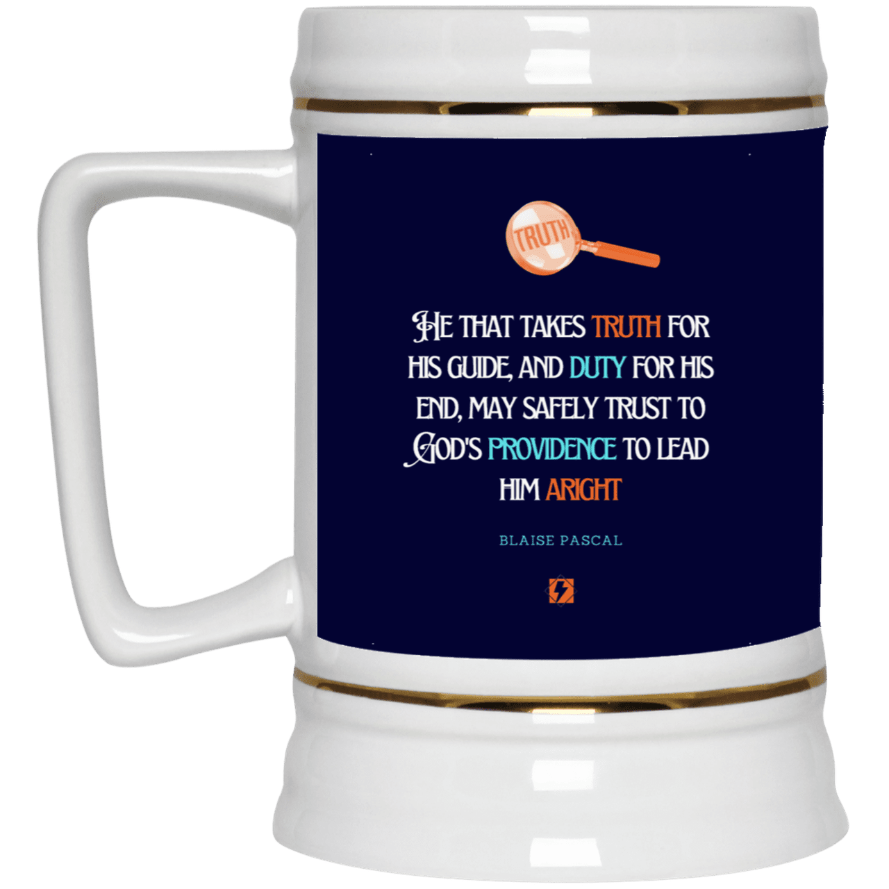 Ceramic Beer Stein Mug with inspiring Pascal quote: BP103 - Truth and Duty brings Providence - Color: Navy