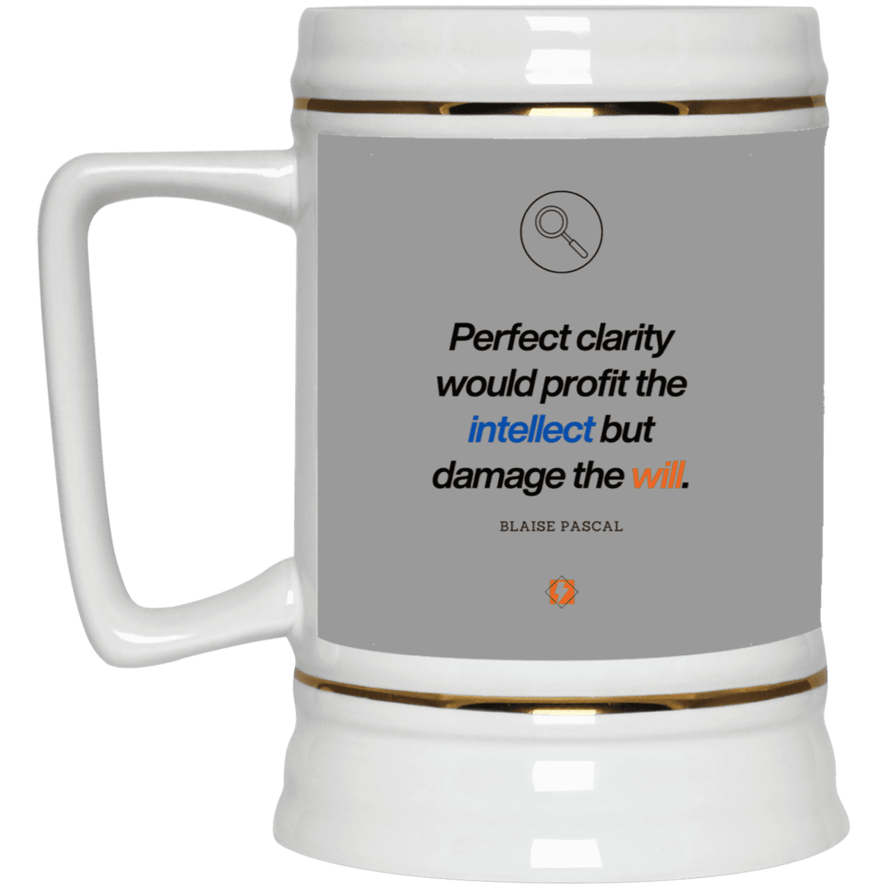 Ceramic Beer Stein Mug with inspiring Pascal quote: BP109 - Clarity sometimes leads to inaction - Color: Gray