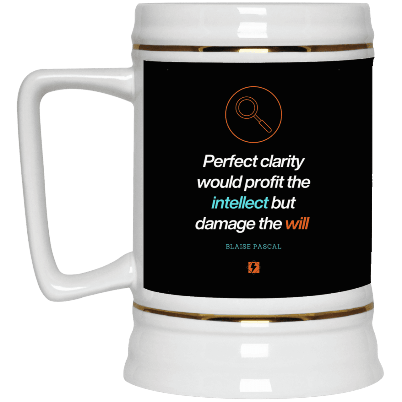 Ceramic Beer Stein Mug with inspiring Pascal quote: BP109 - Clarity sometimes leads to inaction - Color: Black