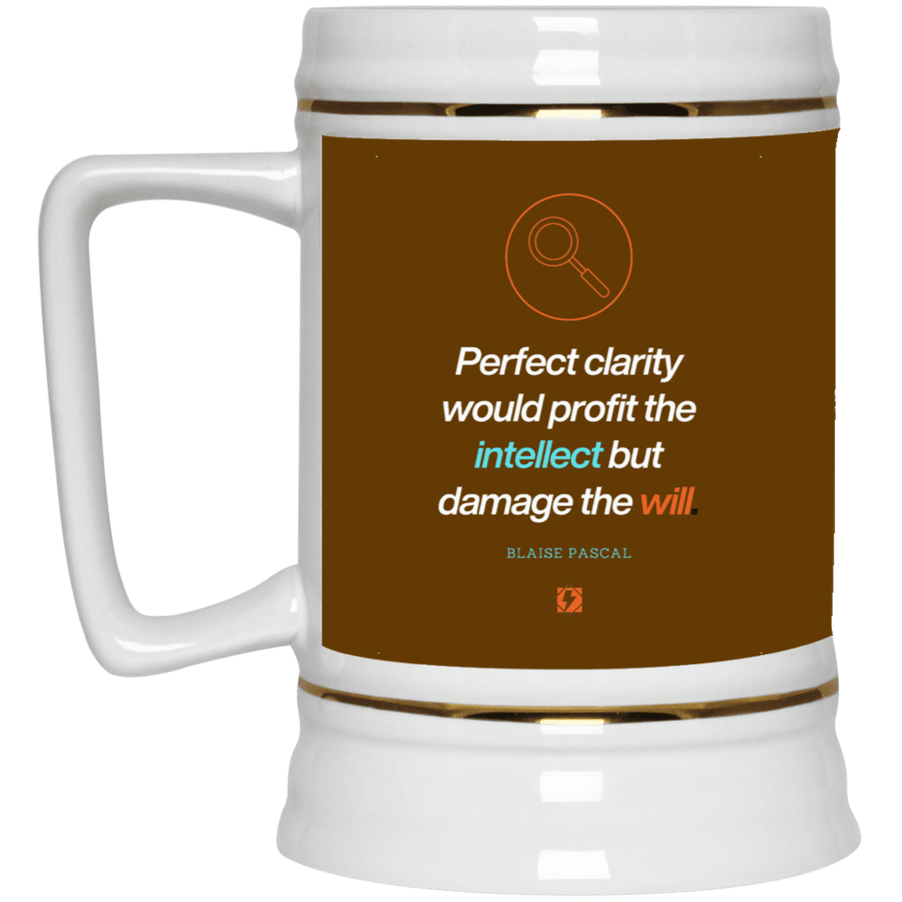 Ceramic Beer Stein Mug with inspiring Pascal quote: BP109 - Clarity sometimes leads to inaction - Color: Brown