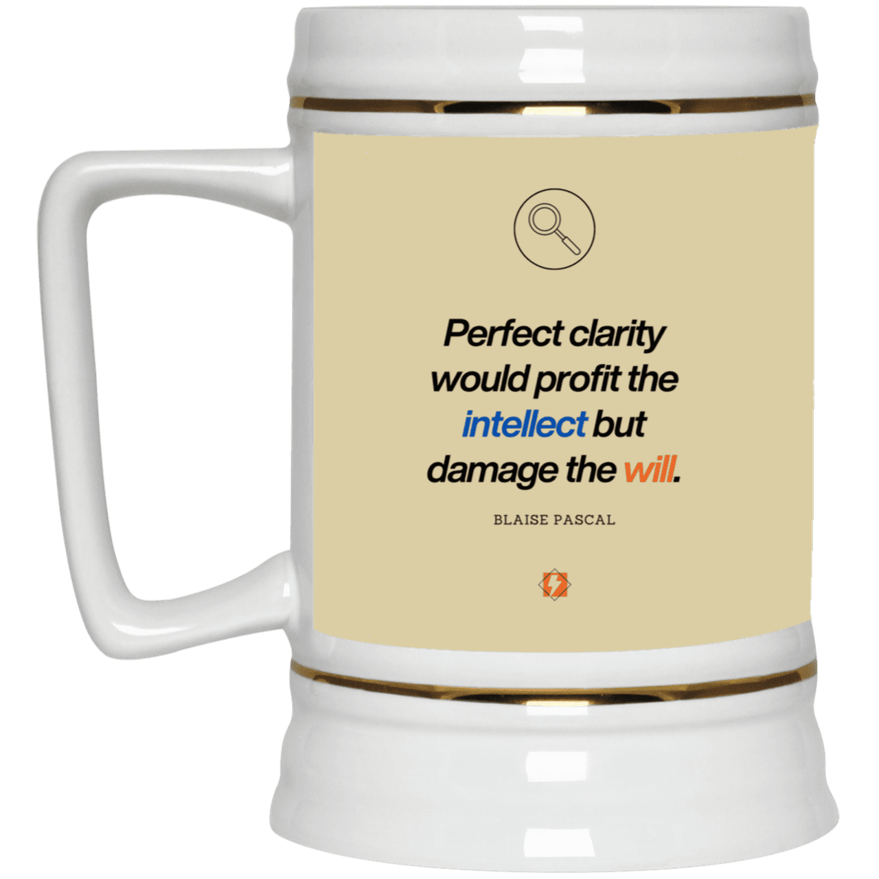 Ceramic Beer Stein Mug with inspiring Pascal quote: BP109 - Clarity sometimes leads to inaction - Color: Tan