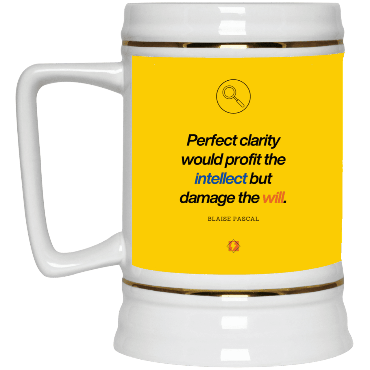 Ceramic Beer Stein Mug with inspiring Pascal quote: BP109 - Clarity sometimes leads to inaction - Color: Athletic Gold