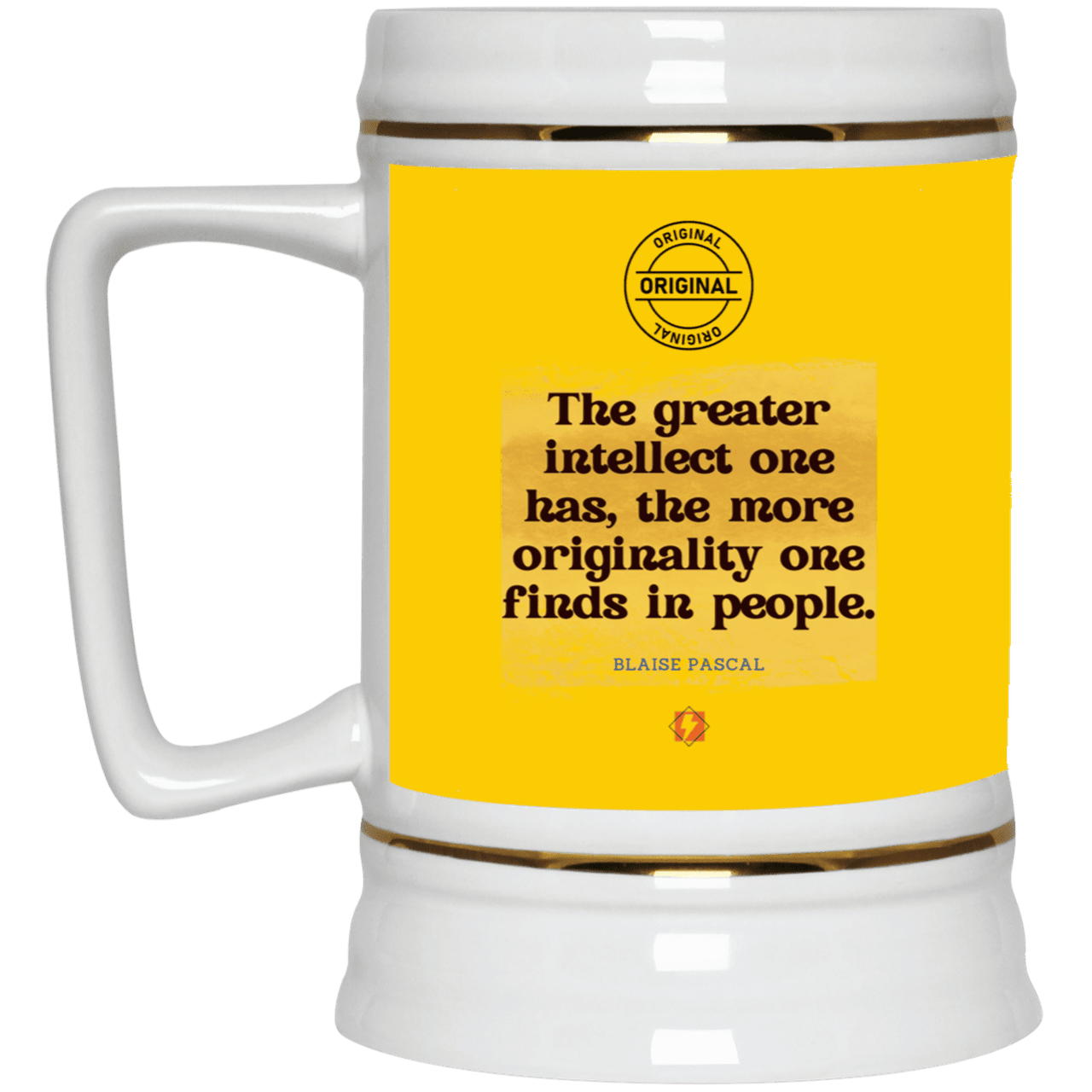 Ceramic Beer Stein Mug with inspiring Pascal quote: BP111 - Intelligence is in perceiving originality - Color: Athletic Gold